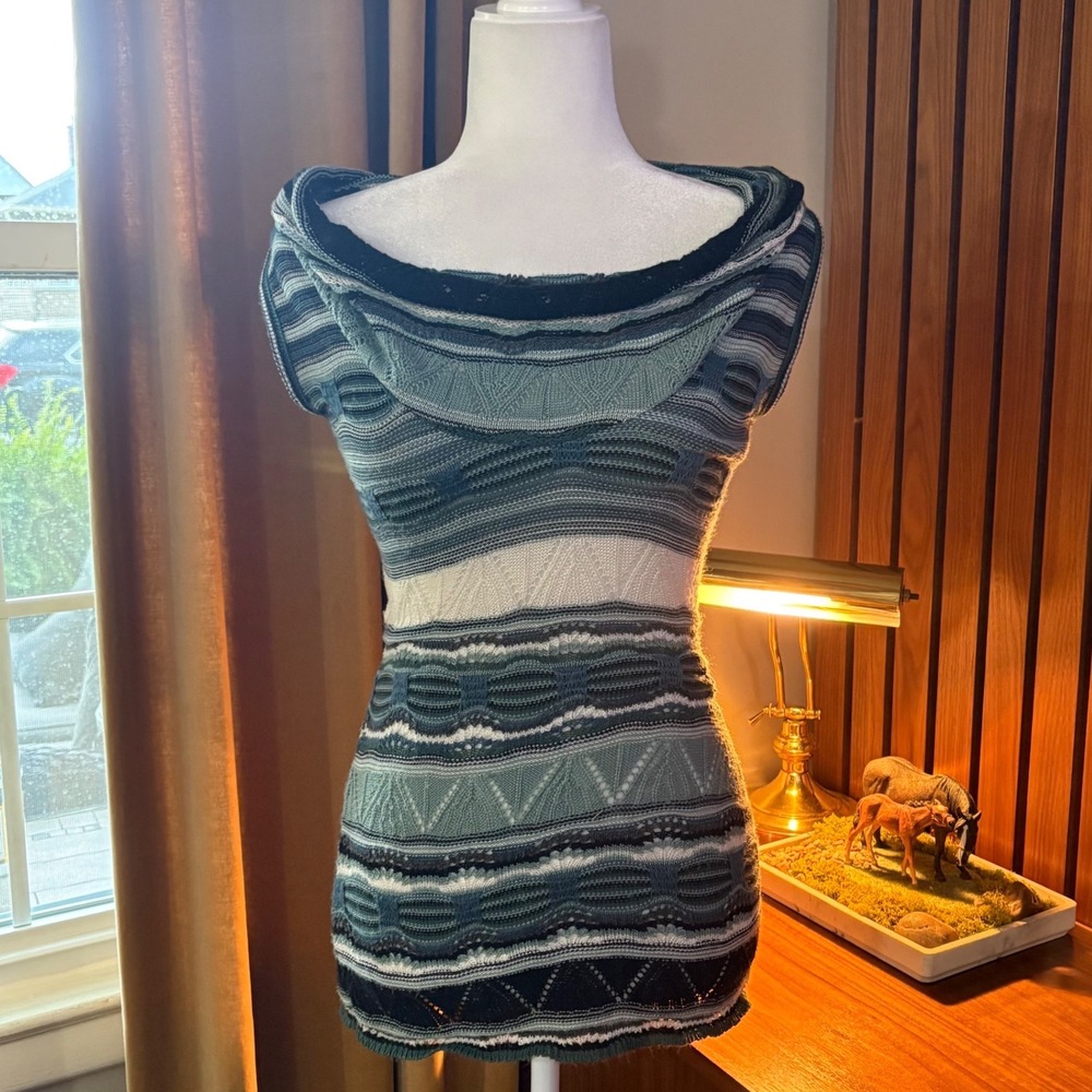 Charlotte Russe Blue Striped Cowl Neck Knit Tunic Top Cap Sleeve Boho